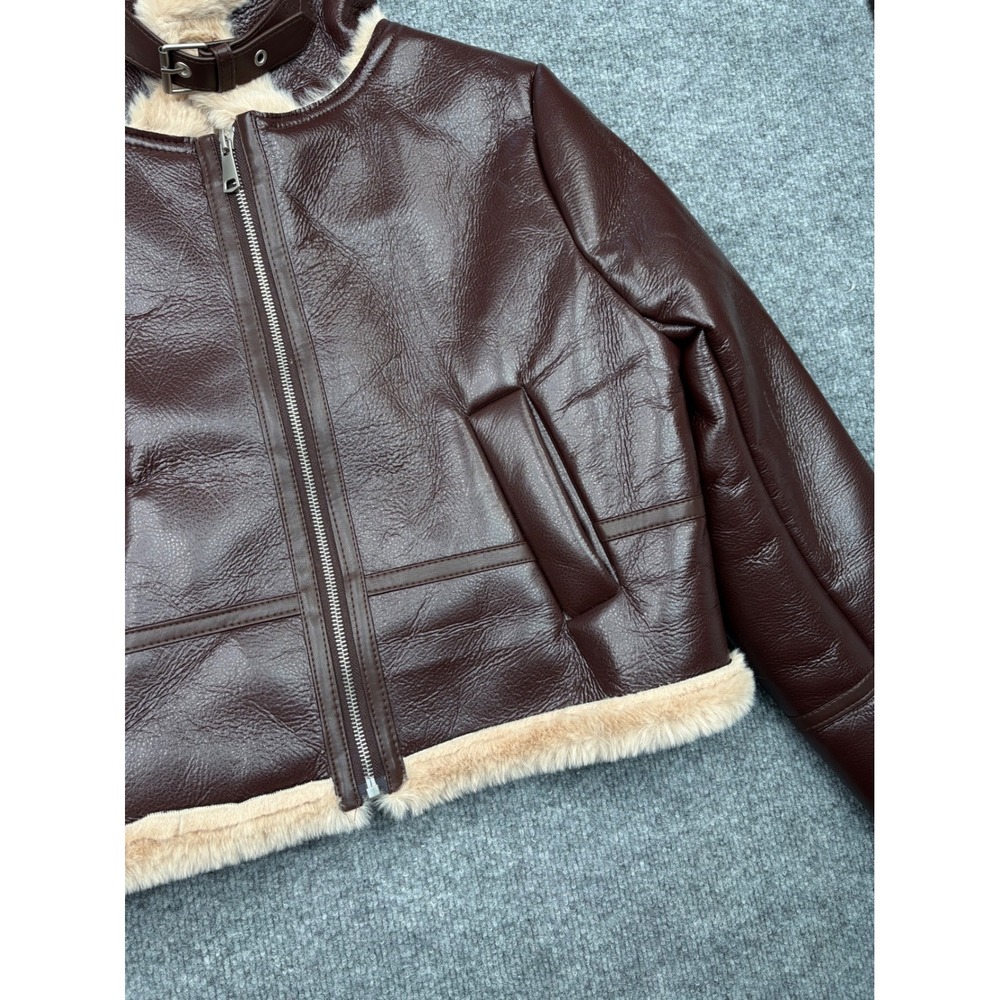 36points Womens Small Burgundy Faux Leather Aviator Bomber Jacket Faux Fur Trim - Picture 15 of 16